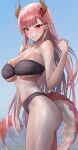  1girl absurdres bare_shoulders bikini black_bikini blue_sky blurry blurry_background breasts commission day highres horns large_breasts long_hair looking_at_viewer monegi original outdoors pink_eyes pink_hair pixiv_commission pointy_ears sky smile solo swimsuit tail thighs virtual_youtuber 