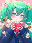  1girl alternate_costume aqua_hair blue_cardigan blush box candy cardigan chocolate closed_mouth cookie cream dot_nose floating floating_object food fruit furrowed_brow gift hair_between_eyes hatsune_miku heart heart-shaped_box heart-shaped_chocolate heart-shaped_lollipop highres holding holding_gift lollipop long_hair looking_at_viewer necktie outline pink_background print_scarf red_necktie sandwich_cookie scarf school_uniform shaped_lollipop shirt sidelocks simple_background stain strawberry twintails uzuki_sena valentine very_long_hair vocaloid white_outline white_shirt 
