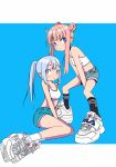  2girls ahoge bare_shoulders between_legs black_socks blue_background blue_eyes blue_hair blue_shorts blush breasts closed_mouth denim denim_shorts double_bun fila hair_bun hand_between_legs highres light_blue_hair long_hair looking_at_viewer midriff multiple_girls nao97122 navel open_mouth original outside_border pink_hair ponytail shoes short_hair_with_long_locks short_shorts shorts sitting small_breasts sneakers socks sports_bra standing white_footwear white_socks white_sports_bra 
