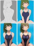  1girl absurdres blue_background border breast_press breasts cleavage collarbone commentary_request competition_swimsuit covered_navel edgar_syu green_hair hair_between_eyes highres light_blush looking_at_viewer making-of medium_breasts one-piece_swimsuit outside_border purple_eyes side_ponytail signature smug sousou_no_frieren swimsuit twitter_username ubel_(sousou_no_frieren) v_arms wet white_border 