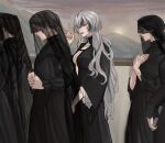  4girls black_dress black_hair braid breasts center_opening cleavage closed_mouth deerwhisky dress funeral_dress grey_eyes grey_hair hair_between_eyes highres index_finger_raised large_breasts long_hair long_sleeves mole mole_on_nose multicolored_hair multiple_girls oak_casket_(path_to_nowhere) painting_(object) path_to_nowhere short_hair streaked_hair two-tone_hair veil very_long_hair 