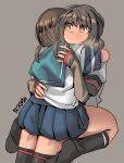  2girls artist_logo artist_name black_socks blue_sailor_collar blue_skirt breasts brown_hair commentary_request ergot fubuki_(kancolle) fubuki_kai_ni_(kancolle) green_eyes grey_background hug kantai_collection layered_sleeves long_sleeves low_twintails medium_breasts multiple_girls sailor_collar sailor_shirt school_uniform serafuku shirayuki_(kancolle) shirt short_over_long_sleeves short_sleeves simple_background skirt socks twintails white_shirt 