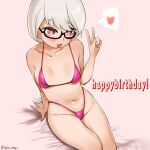  1girl arm_support bikini borrowed_character breasts eisu-chan_(eisu) glasses happy_birthday heart highres kashisu_mint medium_breasts micro_bikini navel on_bed original pink_background red_eyes short_hair simple_background spoken_heart swept_bangs swimsuit thong thong_bikini v white_hair 