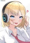  1girl blonde_hair blue_eyes collared_shirt english_commentary eyebrows_visible_through_hair headphones heart highres hololive hololive_english looking_at_viewer necktie nessu_(nnn07897) open_mouth red_necktie shirt short_hair simple_background smile solo teeth twitter_username upper_body upper_teeth virtual_youtuber watson_amelia white_background white_shirt 