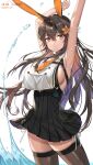  1girl absurdres animal_ears armpits arms_up azur_lane bare_arms bare_shoulders black_dress black_hair braid breasts brown_legwear chikuma_(azur_lane) colored_inner_hair dress flower hair_flower hair_ornament highres jaeyun large_breasts long_hair looking_at_viewer mole mole_under_mouth multicolored_hair necktie orange_eyes pleated_dress rabbit_ears short_necktie side-tie_peek sideboob simple_background sleeveless sleeveless_dress smile solo thighhighs very_long_hair water white_background wing_collar zettai_ryouiki 