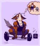 absurd_res anthro barazoku biceps bulge canid canine canis clothed clothing duo exercise fangs fox fur hi_res imagination male mammal multicolored_body multicolored_fur muscular muscular_anthro muscular_male pecs pinumontbalou teeth thought_bubble vein wolf