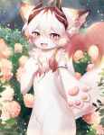 2022 2_tails absurd_res ahoge anthro blush canid canine casual_nudity claws detailed_background dipstick_ears dipstick_tail falling_petals featureless_crotch female female_anthro flat_chested flower fox front_view gesture haechi_0 hair handpaw hi_res horn inner_ear_fluff inviting light looking_at_viewer mammal markings multi_tail multicolored_ears nature nature_background neck_tuft nude offering_hand open_mouth open_smile outside pawpads paws petals pink_eyes pink_pawpads plant portrait rainbow shrub sidelocks small_waist smile solo standing sunlight tail tail_gesture tail_heart tail_markings thick_thighs three-quarter_portrait tuft white_claws yul_(ryong_yi)