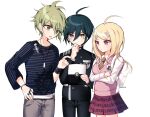  1girl 2boys ahoge akamatsu_kaede amami_rantaro antenna_hair artist_name backpack bad_id bad_twitter_id bag bandaged_wrist bandages black_jacket black_pants black_sleeves blonde_hair blue_hair blue_shirt blue_sleeves bracelet brown_necktie buttons closed_mouth collarbone collared_jacket collared_shirt commentary_request cowboy_shot crest crossed_arms dalrye_v3 danganronpa_(series) danganronpa_v3:_killing_harmony denim double-breasted eyelashes fingernails green_eyes green_hair grey_pants hair_between_eyes hair_ornament hand_on_own_chin hand_on_own_hip high_collar holding holding_tablet_pc jacket jeans jewelry korean_commentary light_blush light_frown long_hair long_sleeves looking_at_object miniskirt multiple_boys multiple_rings musical_note musical_note_hair_ornament musical_note_print necktie open_mouth pants pendant pink_vest pinstripe_jacket pinstripe_pants pinstripe_pattern pleated_skirt pocket pointing purple_eyes purple_skirt ring saihara_shuichi shirt simple_background skirt striped_clothes striped_shirt tablet_pc v-neck v-shaped_eyebrows vertical-striped_sleeves vest white_background white_bag white_shirt white_sleeves white_undershirt yellow_eyes 