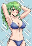  1girl armpits arms_behind_head bikini blue_background blue_bikini blush breasts cleavage frog_hair_ornament front-tie_bikini_top front-tie_top green_eyes green_hair hair_ornament hands_in_hair highres kochiya_sanae large_breasts long_hair looking_at_viewer navel one_eye_closed sen_(daydream_53) side-tie_bikini_bottom smile snake_hair_ornament solo sparkle_background standing stomach swimsuit touhou upper_body 