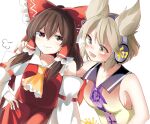  2girls ascot blonde_hair blush bow breasts brown_hair closed_mouth commentary detached_sleeves earmuffs frilled_bow frilled_hair_tubes frills hair_bow hair_tubes hakurei_reimu hand_on_own_hip hasumi_suzuna long_hair multiple_girls open_mouth pointy_hair red_bow red_skirt ribbon-trimmed_sleeves ribbon_trim shirt short_hair sideboob skirt skirt_set sleeveless sleeveless_shirt smile touhou toyosatomimi_no_miko yellow_ascot 