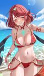  1girl arm_ribbon bare_shoulders beach bikini bikini_pull bikini_top_pull blue_sky blush breasts chest_jewel cleavage clothes_pull cloud collarbone cowboy_shot daikontappuri half-closed_eyes highres large_breasts looking_at_viewer navel ocean pyra_(xenoblade) red_eyes red_hair red_ribbon ribbon side-tie_bikini_bottom sky smile solo sunlight swimsuit xenoblade_chronicles_(series) xenoblade_chronicles_2 