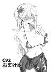  1girl alternate_costume alternate_hairstyle arm_behind_back bikini blush breasts closed_mouth collarbone earrings fingernails flower fuantei greyscale hair_between_eyes hair_flower hair_ornament hand_up highres jewelry junko_(touhou) large_breasts lily_(flower) looking_at_viewer monochrome nail_polish navel ponytail side_ponytail simple_background single_sidelock smile solo standing swimsuit tassel tassel_earrings touhou wrist_cuffs 