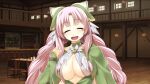  1girl ^_^ atelier-moo braid breasts cleavage closed_eyes closed_mouth curtained_hair dress happy highres large_breasts long_hair long_sleeves looking_at_viewer narrow_waist nina_lazydaisy open_mouth pink_hair ribbon smile solo standing tavern twin_braids upper_body very_long_hair wizards_symphony 