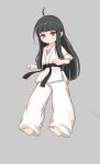  1girl ahoge barefoot belt black_belt black_hair blunt_bangs clenched_hand closed_mouth commentary_request dougi full_body grey_background highres kuma-bound light_frown long_hair looking_at_viewer martial_arts_belt original pants red_eyes simple_background soles solo standing toes white_pants 
