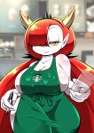  1girl apron barista breasts cocco_(cocco1192) colored_sclera colored_skin commentary cup demon_girl demon_horns english_commentary grey_skin hair_over_one_eye hekapoo highres horns huge_breasts iced_latte_with_breast_milk_(meme) looking_at_viewer meme naked_apron orange_eyes pen pointy_ears smirk solo star_vs_the_forces_of_evil starbucks yellow_sclera 