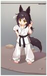  1girl :o animal_ears barefoot belt black_belt black_hair border chinese_commentary commentary_request dougi full_body grey_background hand_on_own_hip highres index_finger_raised kuma-bound long_hair martial_arts_belt notice_lines open_mouth original pants solo standing tail toes v-shaped_eyebrows white_border white_pants yellow_eyes 