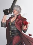  1boy backless_pants bishounen blue_coat blue_eyes coat cowboy_shot dante_(devil_may_cry) devil_may_cry_(series) devil_may_cry_4 facial_hair fingerless_gloves flower gloves gun hand_up handgun highres holding holding_gun holding_weapon looking_at_viewer male_focus mature_male one_eye_closed pants pectorals red_coat red_flower red_rose rose simple_background solo trench_coat upper_body vaness_fu weapon white_hair 
