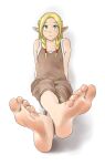 5_toes absurd_res barefoot blonde_hair bottomwear braided_hair clothing crossed_ankles delicious_in_dungeon elf feet female foot_focus green_eyes hair hi_res humanoid humanoid_feet humanoid_pointy_ears looking_at_viewer marcille_donato not_furry pants pigtails plantigrade shirow shirt simple_background sitting soles solo tank_top toes topwear twin_braids