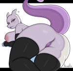 2024 anthro anus areola biped breasts clothing eyelashes female generation_1_pokemon genitals heart_symbol hi_res jhenightfox legendary_pokemon legwear looking_at_viewer looking_back mewtwo nintendo nipples pokemon pokemon_(species) pupils pussy signature simple_background solo tail thick_thighs thigh_highs white_background