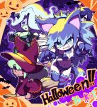  4girls :&gt; ameonna_(youkai_watch) animal_ears bat_(animal) blue_eyes blue_hair blush breasts broom broom_riding bunny_mint cat_ears cleavage cosplay en&#039;enra english_text enraenra_(youkai_watch) fake_animal_ears floating frankenstein&#039;s_monster frankenstein&#039;s_monster_(cosplay) fubukihime ghost green_eyes green_hair hair_over_one_eye halloween halloween_costume hat high_ponytail jack-o&#039;-lantern jibanyan jibanyan_(cosplay) large_breasts long_hair looking_at_viewer multicolored_hair multiple_girls mummy_costume navel nollety notched_ear object_through_head purple_lips red_eyes screw_in_head sharp_teeth stitches tail teeth thighhighs traditional_youkai twitter_username two-tone_hair werewolf_costume whisper_(youkai_watch) witch witch_hat wolf_ears wolf_tail youkai_(youkai_watch) youkai_watch 