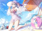  1girl :d amamiya_chitose ball bangs bare_shoulders barefoot beach beach_chair beach_umbrella beachball bird blue_eyes blue_sky blush bow breasts bucket bullet_code:_firewall cloud covered_navel day dengeki_bunko dutch_angle eyebrows_visible_through_hair flower frilled_swimsuit frills full_body hair_bow hat hat_ribbon holding holding_clothes holding_hat kneeling leg_ribbon light_purple_hair long_hair looking_at_viewer low_twintails medium_breasts mountainous_horizon official_art one-piece_swimsuit open_mouth outdoors petals purple_ribbon ribbon sand_castle sand_sculpture scrunchie second-party_source sky smile solo sun_hat swimsuit thighs twintails umbrella wattaro white_bow white_flower white_headwear white_ribbon wrist_scrunchie yellow_scrunchie 