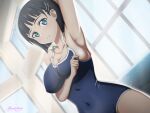  1girl adjusting_clothes adjusting_swimsuit armpits bangs black_hair blue_eyes blue_swimsuit breasts cleavage collarbone covered_navel covered_nipples dutch_angle hair_ornament hairclip highres indoors kirigaya_suguha looking_at_viewer mysteryctu parted_lips school_swimsuit short_hair sideboob signature solo standing strap_gap swimsuit sword_art_online 