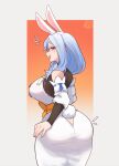  1girl absurdres animal_ear_fluff animal_ears ass ass_focus blue_hair blush braid breasts dkajart from_behind highres hololive huge_ass large_breasts long_hair looking_at_viewer looking_back mature_female pekomama rabbit_ears rabbit_girl red_eyes short_eyebrows smile thick_eyebrows virtual_youtuber 