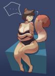 2023 anthro bangs barefoot belly big_breasts biped blue_background bob_cut bodily_fluids breasts brown_body brown_fur brown_hair cleavage clothed clothing curled_tail digital_drawing_(artwork) digital_media_(artwork) ellipsis feet female full-length_portrait fur hair hi_res holding_arm kitapult mammal off_shoulder one-piece_swimsuit open_mouth pattern_clothing pattern_swimwear portrait rodent sciurid signature simple_background sitting slightly_chubby slightly_chubby_anthro slightly_chubby_female solo speech_bubble straight_bangs striped_clothing striped_swimwear stripes sweat swimwear tail tan_body tan_fur tree_squirrel wide_hips