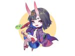 1girl black_hair blue_gemstone blue_hair bob_cut border chibi colored_inner_hair commentary cup eyeshadow fangs fate/grand_order fate_(series) flat_chest floating full_body gem gourd headpiece holding holding_cup horns japanese_clothes kimono leg_ribbon looking_at_viewer makeup medium_hair multicolored_hair navel oni open_clothes open_kimono open_mouth outline outside_border purple_eyes purple_kimono red_eyeshadow red_ribbon revealing_clothes ribbon round_border sakazuki shisantian shuten_douji_(fate) skin-covered_horns sleeves_past_fingers sleeves_past_wrists smile solo symbol-only_commentary white_border white_outline wide_sleeves yellow_background 