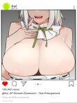  1girl arknights armpit_crease bare_shoulders breasts cleavage detached_collar dress english_text fake_phone_screenshot fake_screenshot fangs finger_to_face hand_on_own_chest heart highres instagram jujutsu_kaisen kal&#039;tsit_(arknights) large_breasts nuggetkouhai open_mouth parody selfie short_hair sidelocks sleeveless sleeveless_dress solo sweat white_dress white_hair 
