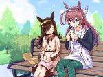  2girls ahoge animal_ears bangs bench blue_eyes blush brown_dress brown_hair bush casual closed_eyes cloud collared_dress commentary_request day dress eating feet_out_of_frame food green_pants hair_over_one_eye hairband highres holding holding_food hood hoodie horse_ears jacket kanikanitengoku long_hair mihono_bourbon_(umamusume) multiple_girls open_clothes open_jacket open_mouth outdoors pants picnic_basket rice_shower_(umamusume) sandwich sitting smile tree umamusume 