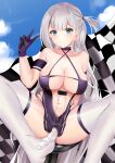  1girl absurdres arm_strap azur_lane bare_hips black_gloves blue_eyes breasts center_opening checkered checkered_flag cleavage clothing_cutout criss-cross_halter flag gloves halter_dress halterneck highres kanesada_dp large_breasts long_hair looking_at_viewer mole mole_under_eye navel_cutout official_alternate_costume race_queen revealing_clothes shoukaku_(azur_lane) shoukaku_(sororal_wings)_(azur_lane) soles thighhighs toes v very_long_hair white_hair white_legwear 