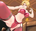  blonde_hair blue_eyes bra breasts fighting_stance foreshortening formal garter_belt huge_breasts kicking king_(snk) lace lace-trimmed_panties lingerie mokusa panties red_bra red_legwear red_panties ryuuko_no_ken short_hair snk solo the_king_of_fighters thick_thighs thighhighs thighs underwear underwear_only 