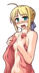  ahoge artoria_pendragon_(all) blonde_hair blush breasts fate/stay_night fate_(series) green_eyes nipple_slip nipples open_towel ribbon saber small_breasts solo tougeya_honpo towel 