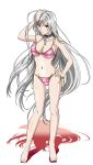  1girl akashiya_moka artist_request barefoot bikini breasts chains cleavage closed_mouth collar full_body highres inner_moka large_breasts long_hair navel official_art pink_bikini red_eyes rosario+vampire shadow silver_hair slit_pupils solo standing swimsuit transparent_background very_long_hair 