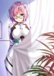  1girl ayanami_rei ayanami_rei_(cosplay) black-framed_eyewear blurry blurry_foreground blush bodysuit breasts commentary_request cosplay curtains depth_of_field eyes_visible_through_hair fate/grand_order fate_(series) glasses hair_over_one_eye impossible_clothes indoors kotatsu_(kotatsu358) large_breasts looking_at_viewer mash_kyrielight neon_genesis_evangelion number pilot_suit pink_hair plugsuit purple_eyes see-through_silhouette short_hair skin_tight solo turtleneck white_bodysuit 