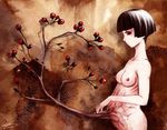  bangs berries black_eyes black_hair bob_cut breasts cleavage copyright_request frown messiah_cage nipples nude pregnant profile short_hair small_breasts solo standing surreal tree watermark 