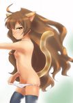  ahoge aisaka_taiga animal_ears bad_id bad_pixiv_id blush brown_hair bt_(shio_oninko) cat_ears cat_tail flat_chest long_hair nipples panties panty_pull solo tail thighhighs toradora! underwear yellow_eyes 