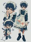  1boy apron axe black_dress black_hair blood blood_on_clothes blood_on_face chibi crossdressing dress hatchet_(axe) highres looking_at_viewer maid maid_apron maid_headdress multiple_views original otoko_no_ko short_hair smile solo umipi white_apron white_background 