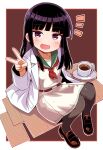  1girl black_hair black_pantyhose blunt_bangs blush brown_footwear coffee cup green_sailor_collar highres lab_coat loafers long_hair looking_at_viewer neckerchief open_mouth original pantyhose purple_eyes red_neckerchief sailor_collar school_uniform shoes sitting smile solo teacup tsukimi_shokudouki v yukinagi 