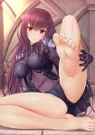  1girl absurdres bangs bare_legs barefoot black_bodysuit bodysuit breasts brown_hair closed_mouth commentary_request covered_nipples denhijou_niki eyebrows_visible_through_hair fat_mons fate/grand_order fate_(series) feet foot_focus foreshortening highres long_hair looking_at_viewer medium_breasts no_shoes red_eyes scathach_(fate) shoulder_plates smile soles solo stone_floor toes 