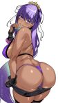  1girl absurdly_long_hair ashiomi_masato ass bare_shoulders bb_(fate) bb_(swimsuit_mooncancer)_(fate) bb_(swimsuit_mooncancer)_(second_ascension)_(fate) bikini black_choker black_gloves black_shorts black_thighhighs breasts choker choppy_bangs clothes_pull dark-skinned_female dark_skin fate/grand_order fate_(series) from_behind gloves hair_ornament hair_ribbon hand_to_own_mouth highres knees_out_of_frame large_breasts long_hair looking_at_viewer looking_back nail_polish partially_visible_vulva purple_bikini purple_bracelet purple_eyes purple_hair purple_nails ribbon short_shorts shorts shorts_pull shoulder_blades sideboob simple_background smile solo swimsuit thighhighs very_long_hair white_background 