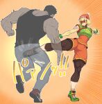  1boy 1girl arms_(game) ball_busting bdsm beanie blonde_hair breasts cbt crotch_kick green_eyes hat highres kicking leggings mask min_min_(arms) muscular muscular_male orange_shorts shoes short_hair shorts simple_background sneakers spacezin thick_thighs thighs 