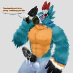  absurd_res ambiguous_fluids anthro avian bird breath_of_the_wild cinicalvoice erection feathers hi_res himbo kass_(tloz) male muscular nintendo solo text the_legend_of_zelda 