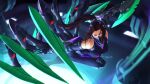  1girl absurdres axe bangs black_bodysuit bodysuit breasts brown_hair elbow_gloves extra_legs floating_hair gio_tengco gloves hanabi_(mobile_legends) head_tilt highres holding holding_axe looking_at_viewer mask mecha_musume mechanical_legs medium_breasts mobile_legends:_bang_bang mouth_mask parted_bangs pink_eyes ponytail science_fiction solo 