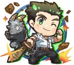  1boy 2boys black_pants brown_hair chibi clenched_hand drop_shadow furry furry_male gakuran glint goat_boy goat_horns highres holding holding_sword holding_weapon horn_ornament horn_ring horns loafers magatama male_focus multiple_boys nizitaro one_eye_closed pants partially_unbuttoned protagonist_3_(housamo) salomon_(housamo) school_uniform shirt shoes short_hair sparkle sword tokyo_afterschool_summoners weapon white_shirt 