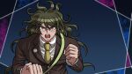  1boy blue_background brown_jacket brown_sleeves buttons clenched_hands collared_jacket collared_shirt danganronpa_(series) danganronpa_v3:_killing_harmony dark-skinned_male dark_skin gokuhara_gonta green_hair green_necktie jacket lapel_pin lapels layered_sleeves long_hair long_sleeves looking_at_viewer male_focus messy_hair necktie notched_lapels official_style open_mouth outside_border parody pocket polka_dot polka_dot_background red_eyes shirt simple_background solo straight-on style_parody teeth thick_eyebrows upper_body v-shaped_eyebrows very_long_hair white_shirt yumaru_(marumarumaru) 