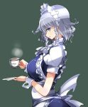  1girl apron bangs blue_eyes braid breasts cropped_legs cup eyebrows_visible_through_hair frills green_background hair_between_eyes hair_ribbon highres izayoi_sakuya large_breasts looking_at_viewer looking_to_the_side maid maid_apron maid_headdress puffy_short_sleeves puffy_sleeves raptor7 ribbon saucer shiny shiny_hair short_hair short_sleeves silver_hair simple_background solo steam tea teacup touhou tress_ribbon twin_braids upper_body waist_apron wrist_cuffs 