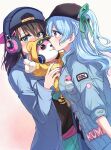  2girls aoiro_050 averting_eyes backwards_hat bang_dream! baseball_cap black_hair black_hat black_headphones black_shirt blue_hair blue_hat blue_jacket blush breasts character_doll clothes_writing denim denim_jacket doll gradient_background green_ribbon grey_eyes hair_ornament hair_ribbon hairclip hat highres holding holding_doll jacket light_blue_hair long_hair long_sleeves looking_at_another looking_to_the_side matsubara_kanon medium_breasts medium_hair michelle_(bang_dream!) multiple_girls nose_blush okusawa_misaki one_side_up open_clothes open_jacket pink_background pink_headphones purple_eyes ribbon shirt sideways_glance sleeves_past_elbows sweatdrop white_background yuri 