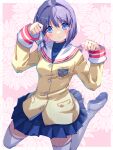  1girl :o akayama_yukihe blazer blue_eyes blue_skirt blunt_ends blush bob_cut border clannad commentary_request eyes_visible_through_hair fujibayashi_ryou hair_between_eyes hair_intakes hair_ribbon hands_up highres hikarizaka_private_high_school_uniform jacket kneeling knees_out_of_frame loafers looking_at_viewer medium_hair miniskirt open_mouth paw_pose pink_background pleated_skirt purple_hair ribbon sailor_collar school_uniform serafuku shoes simple_background skirt sleeves_past_wrists solo tareme thighhighs tress_ribbon w_arms white_border white_footwear white_ribbon white_sailor_collar white_thighhighs yellow_jacket zettai_ryouiki 